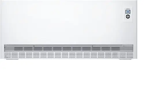 Ein weißer Niedrig-Wärmespeicher von Stiebel Eltron mit Display und Lüftungsschlitzen.